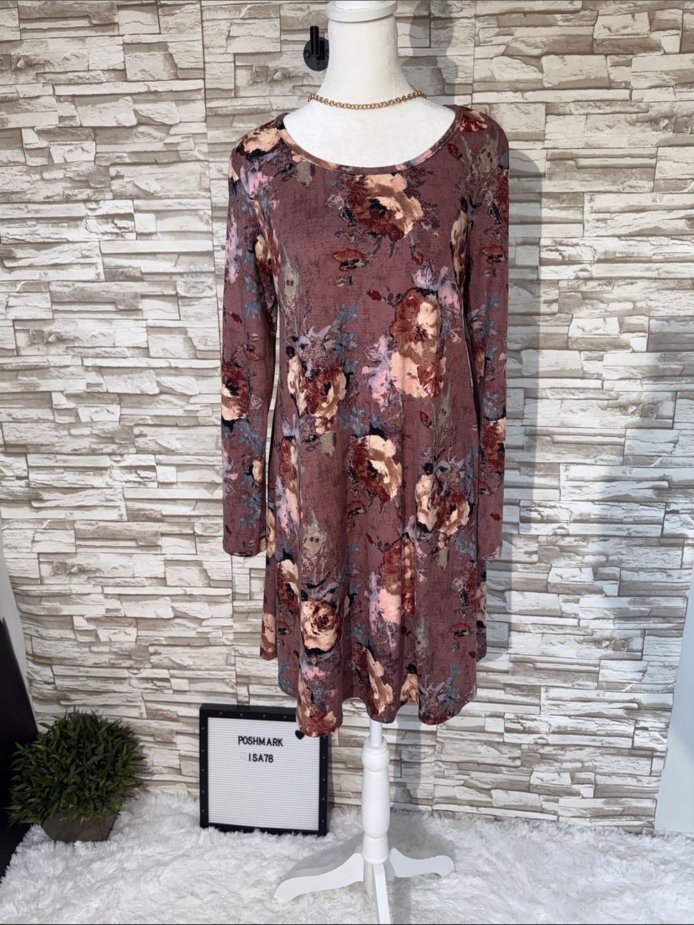 TMG Large Floral Swing Dress in Dusty Rose - Women's Long Sleeve